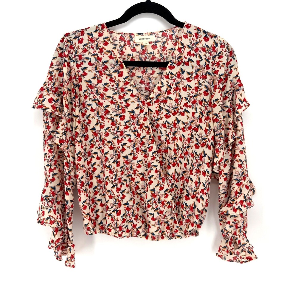 Max Studio Blouse Floral Ruffle XS Cream Red V-Neck Long Sleeve Smocked Hem Top